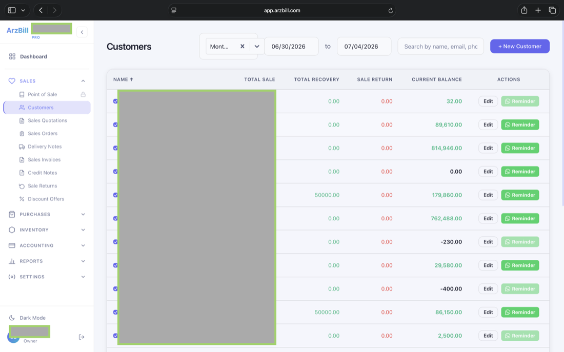 ArzBill customer ledger report with recovery reminders